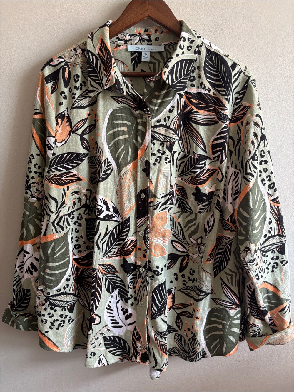 Blue Sol 1X Linen Blend Tropical Botanical Button Front Shirt